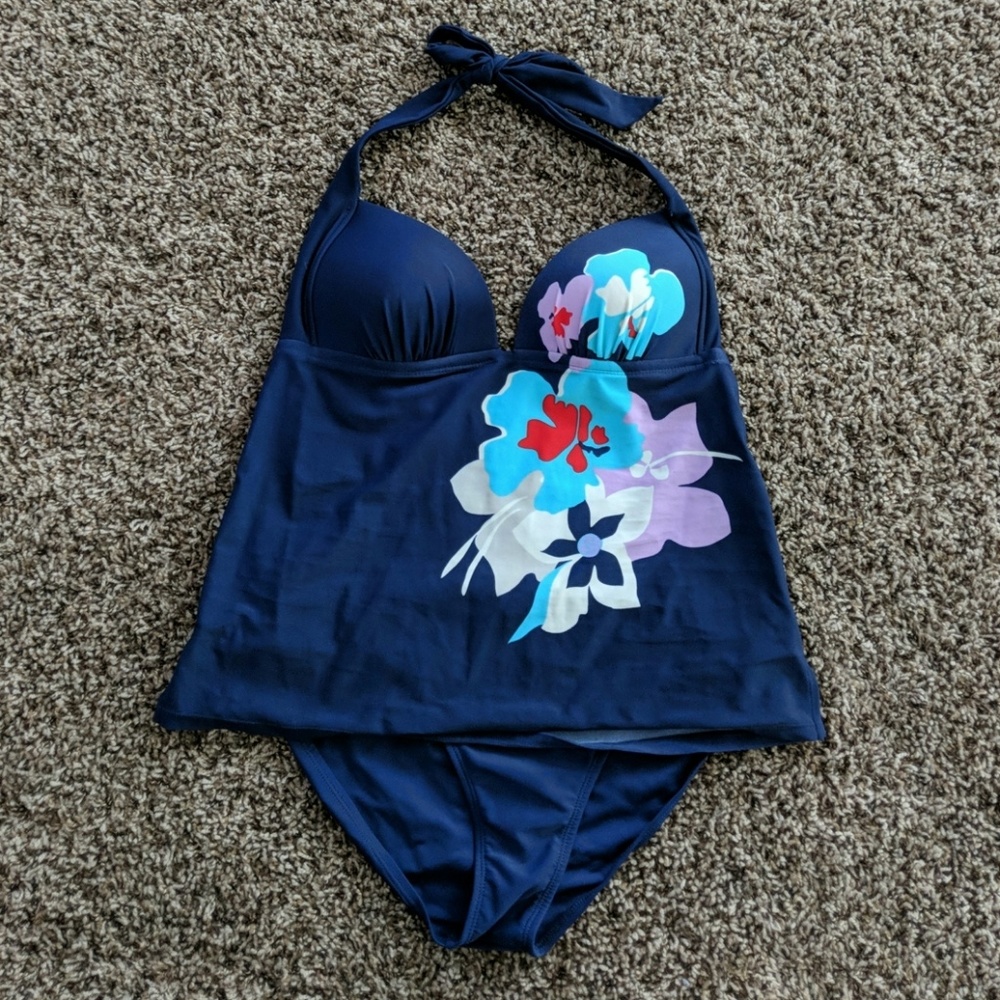 Navy tankini with floral design
